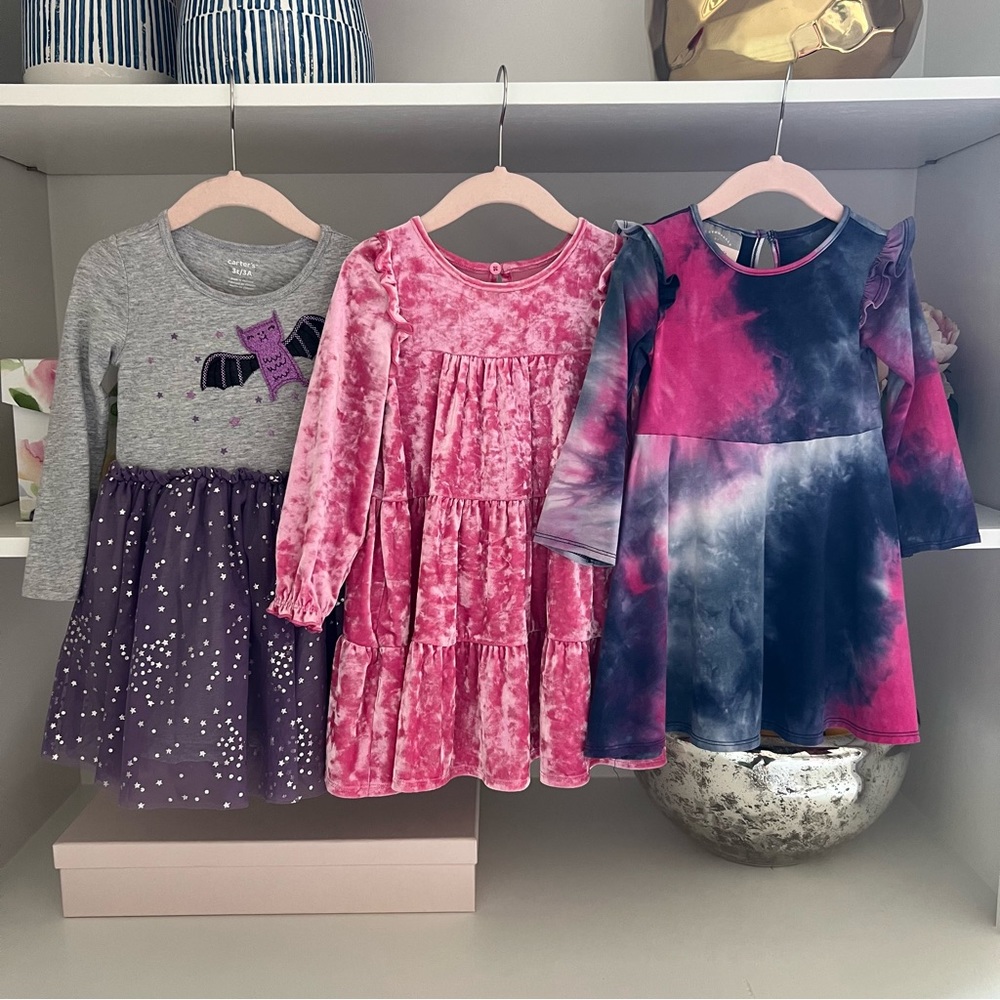 Girls 3T Long Sleeved Pink Velvet, Purple Bat, and Blue & Pink Tie-Dye Dresses